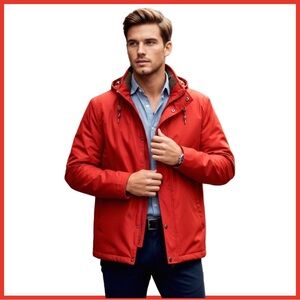 Sulka Men’s Reversible Waterproof Coat with Hideaway Hood. Red/Moss-Green. 42